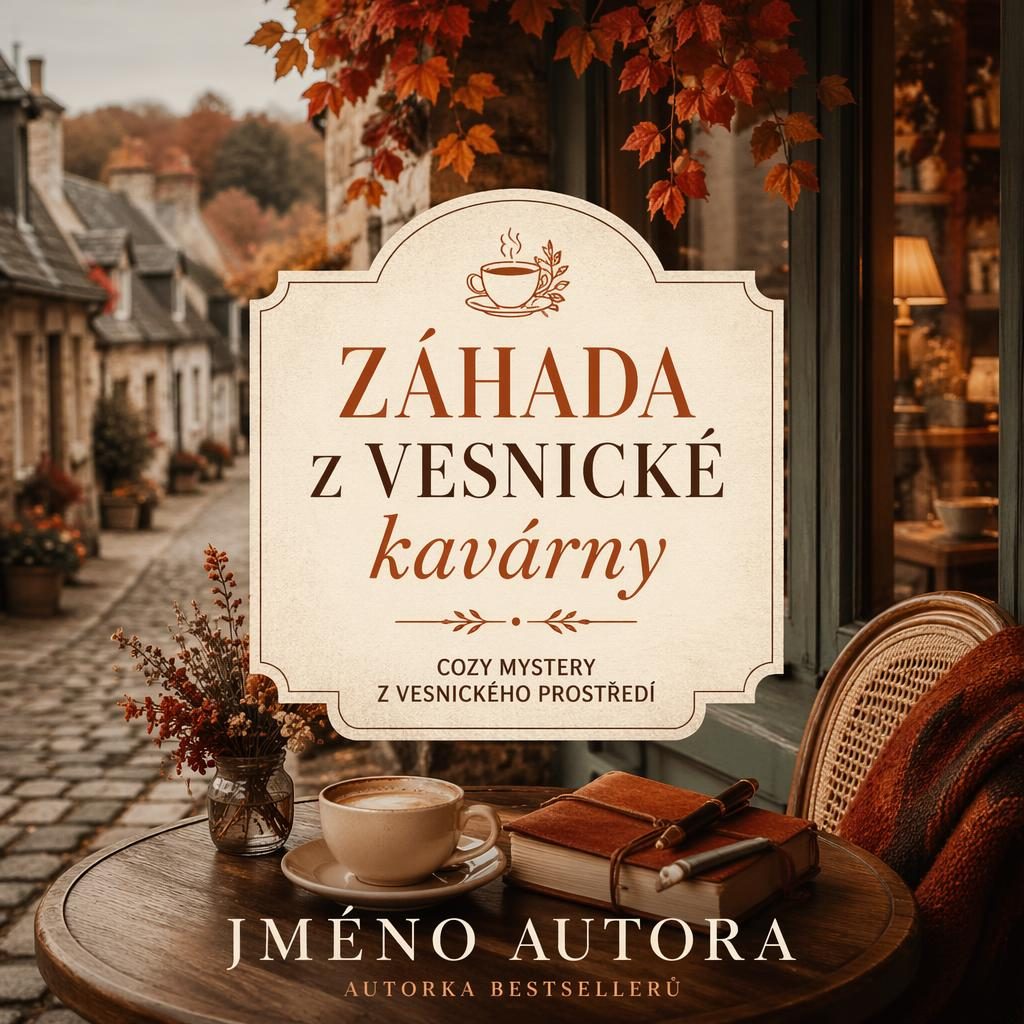 Fotografická knižní obálka s útulnou vesnickou kavárnou v teplých krémových a rezavých tónech, s čitelným názvem