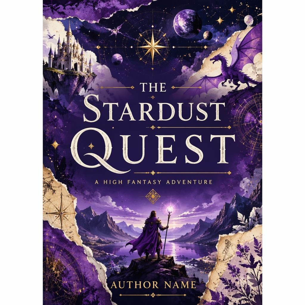 Royal purple mixed media sci-fi fantasy book cover with whimsical quest imagery and clean title and author placeholder text