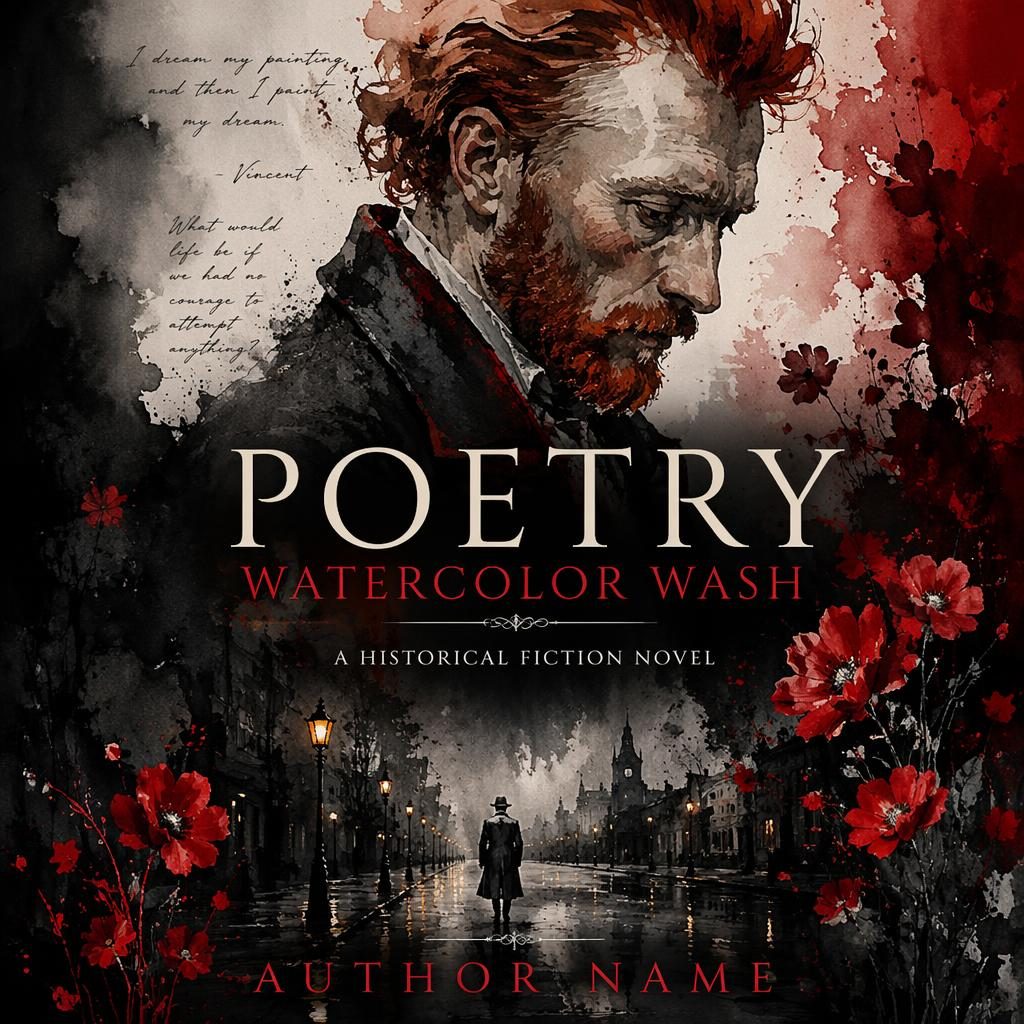 Historical fiction book cover with watercolor wash, black and red palette, mysterious mood, and clean title text.
