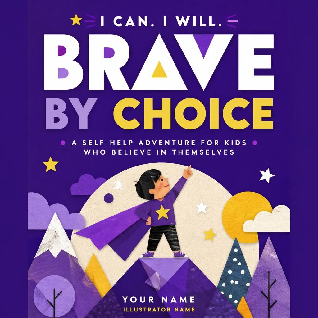 Royal purple children's picture book cover with bold geometric collage shapes, playful whimsical layout, and clean title text.