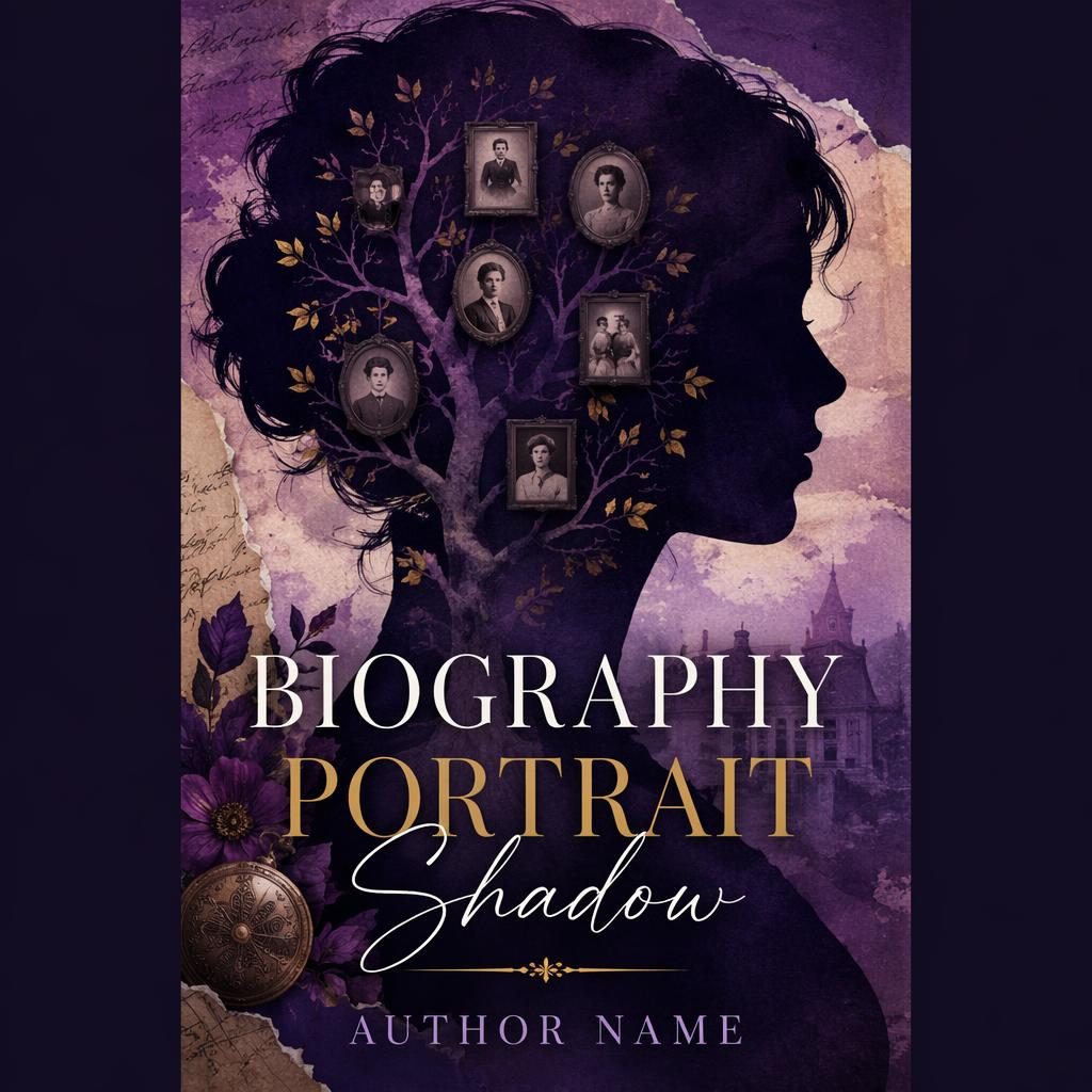 Royal purple portrait book cover with shadowy biography collage, whimsical mystery styling, and clean title placeholders.
