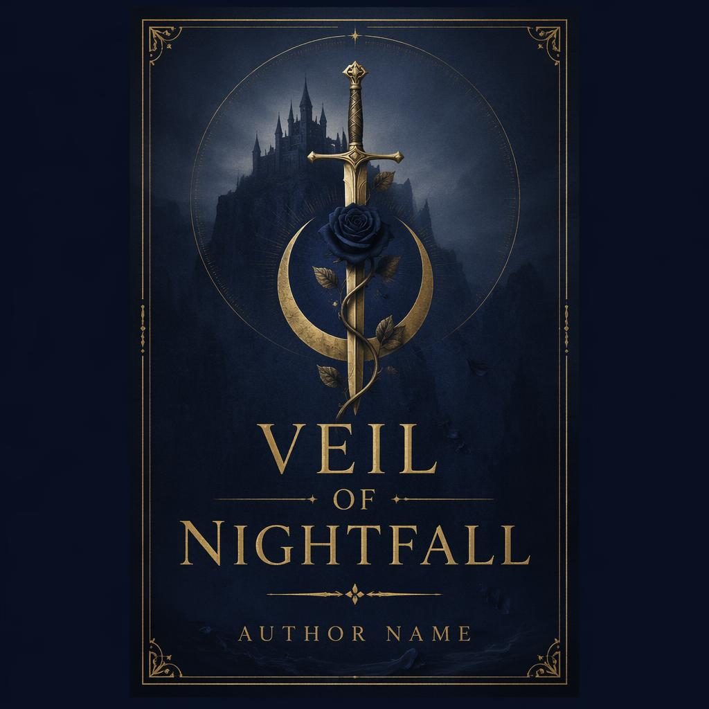 Minimalist 5:8 book cover with muted navy and gold symbols, sharp title and author placeholders, serious academic mood.