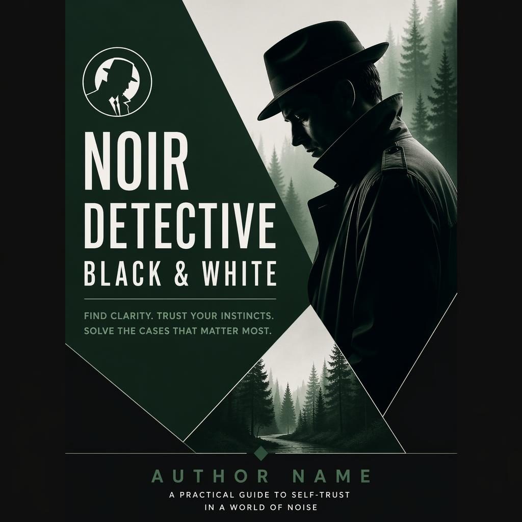 Black and white noir detective-inspired self-help book cover with bold geometric layout, deep forest green accents, and placeholder text.