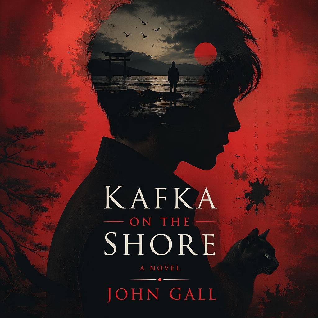 Dark illustrated book cover with a shadowy biography portrait, black and red palette, and clean title and author placeholder text.