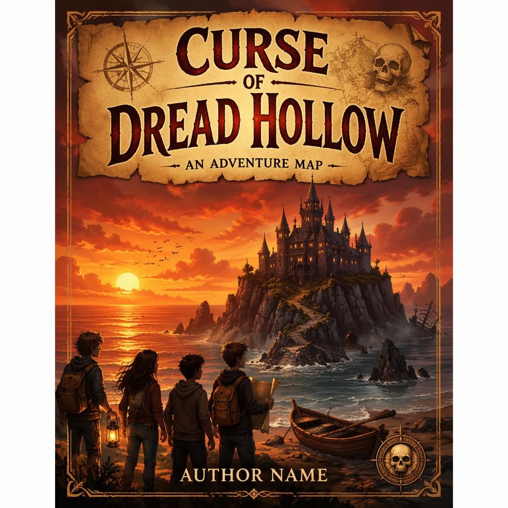 Painterly middle grade horror book cover with an eerie adventure map, warm sunset tones, and clean title placeholder text.
