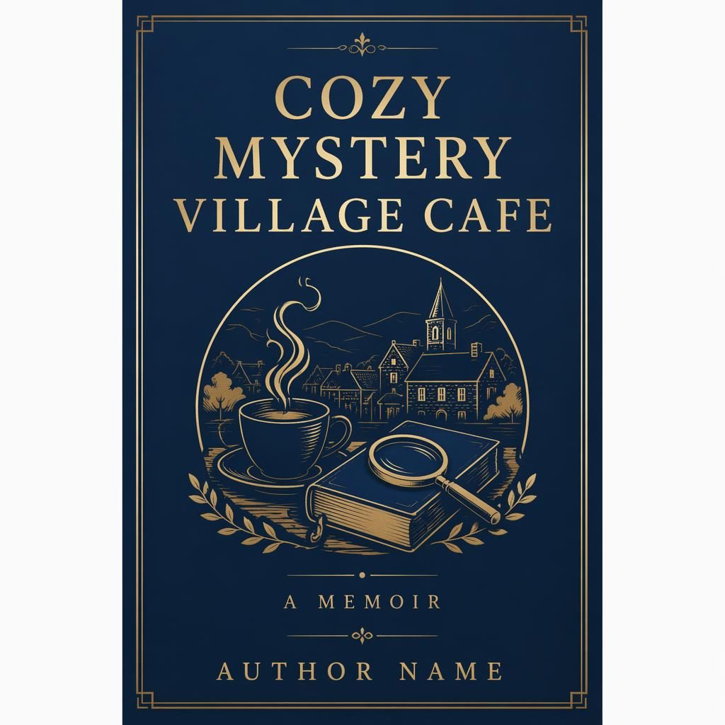 Minimalist book cover showing a village cafe symbol in muted navy and gold with clean title and author placeholder text.