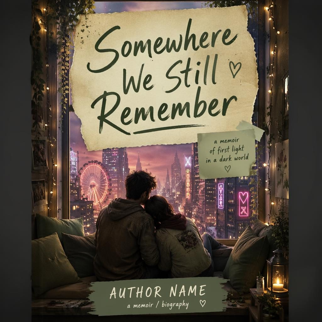 5:8 portrait book cover with hand-lettered title and author text, warm neon dystopian styling, sage and parchment tones