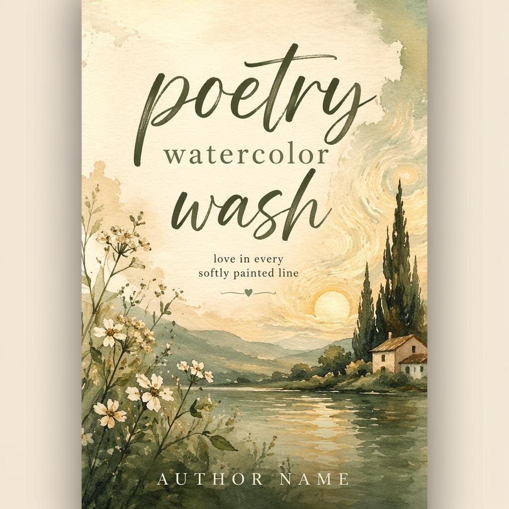 Romantic poetry book cover with watercolor wash, hand-lettered title, sage and parchment tones, cozy 5:8 portrait layout