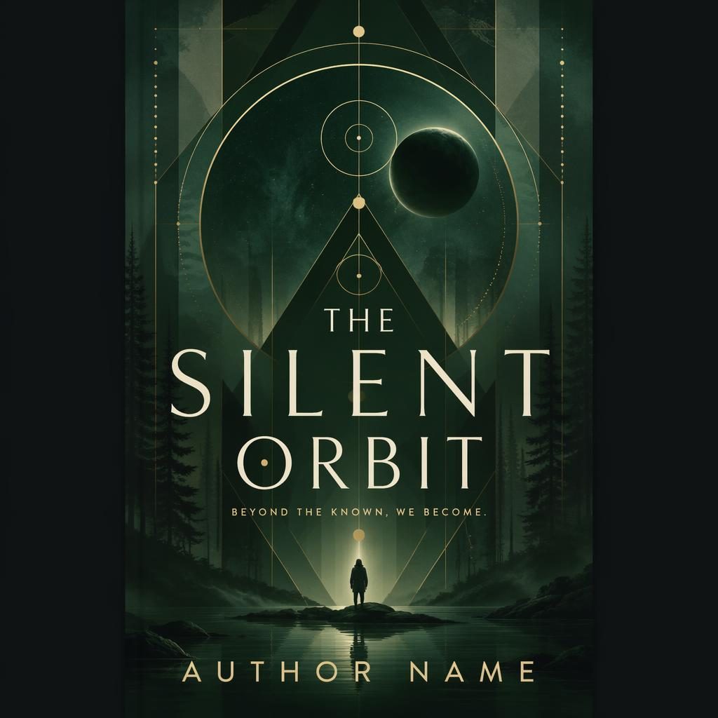 Geometric YA sci-fi book cover in deep forest green with quiet space imagery and clean title and author placeholders.