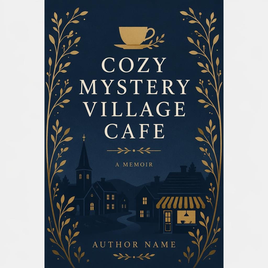 Minimalist book cover with navy and gold cafe symbol, village motif, and clean title and author placeholder text.