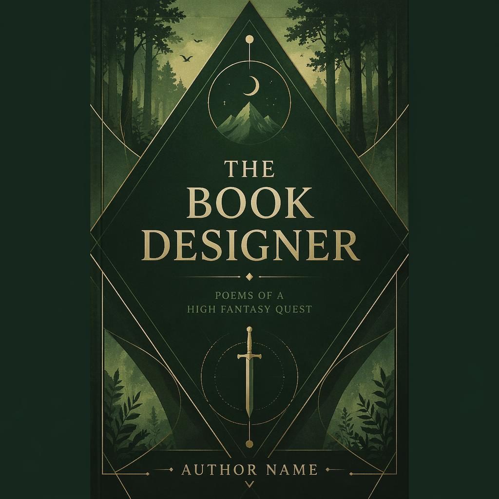 Geometric high fantasy poetry book cover in deep forest green with clean title and author placeholder text in sharp typography.
