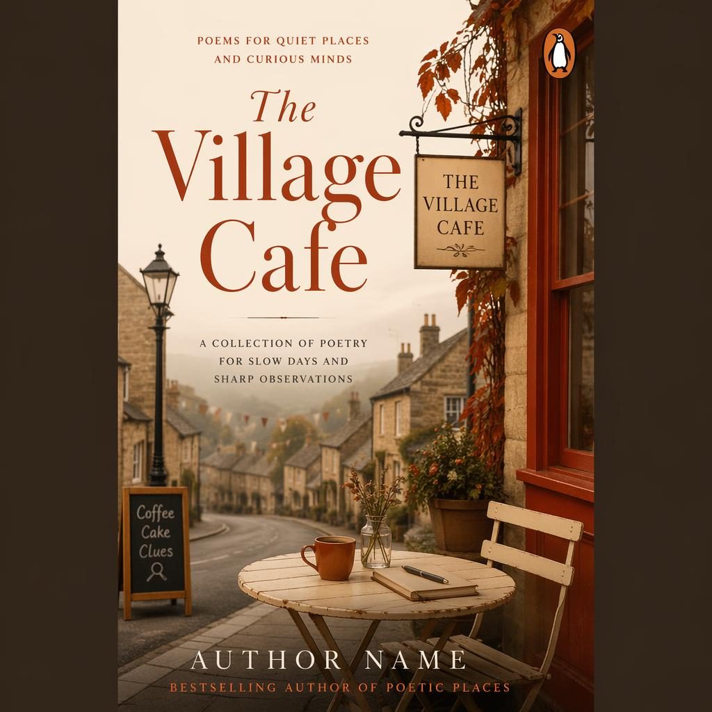 Book cover design showing a warm village cafe scene in cream and rust tones with clean title and author placeholder text.