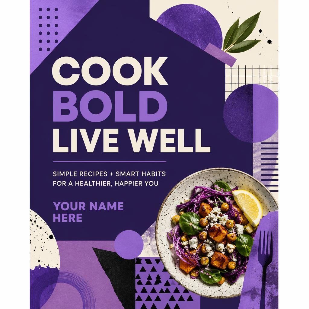 Royal purple geometric cookbook cover in playful collage style with bold shapes and clean title and author placeholder text.