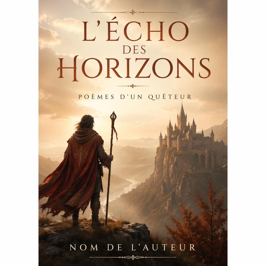 Couverture de livre fantasy poétique en format portrait 5:8, paysage atmosphérique crème et rouille, titre et auteur factices