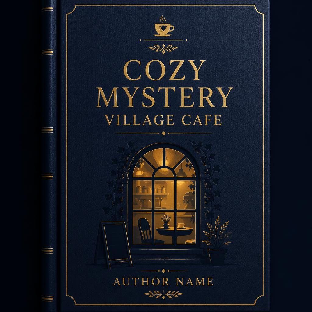 Minimalist navy and gold book cover with village cafe symbol, memoir tone, and clean title and author placeholders.