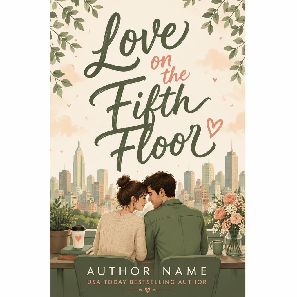 Pastel romance book cover with city skyline, hand-lettered title and author text, warm sage and parchment 5:8 design.