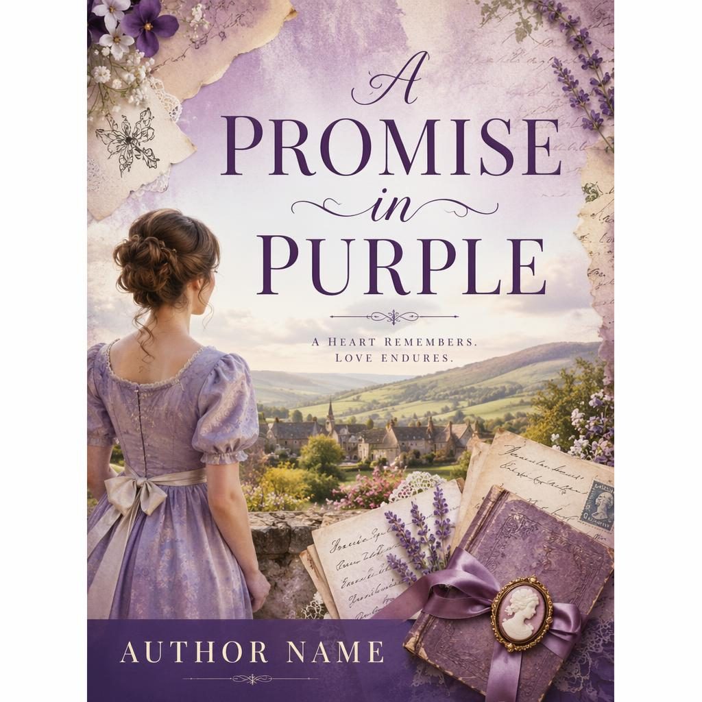 Historical romance book cover with a pastel countryside collage, royal purple accents, and clean title and author text.