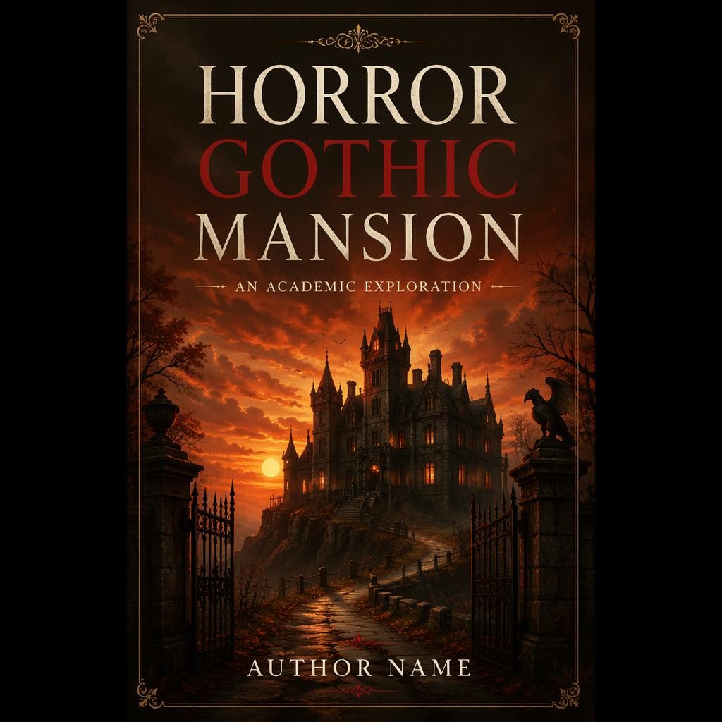 Painterly book cover showing a gothic mansion at sunset with warm light, sharp title and author placeholder text, 5:8 portrait.