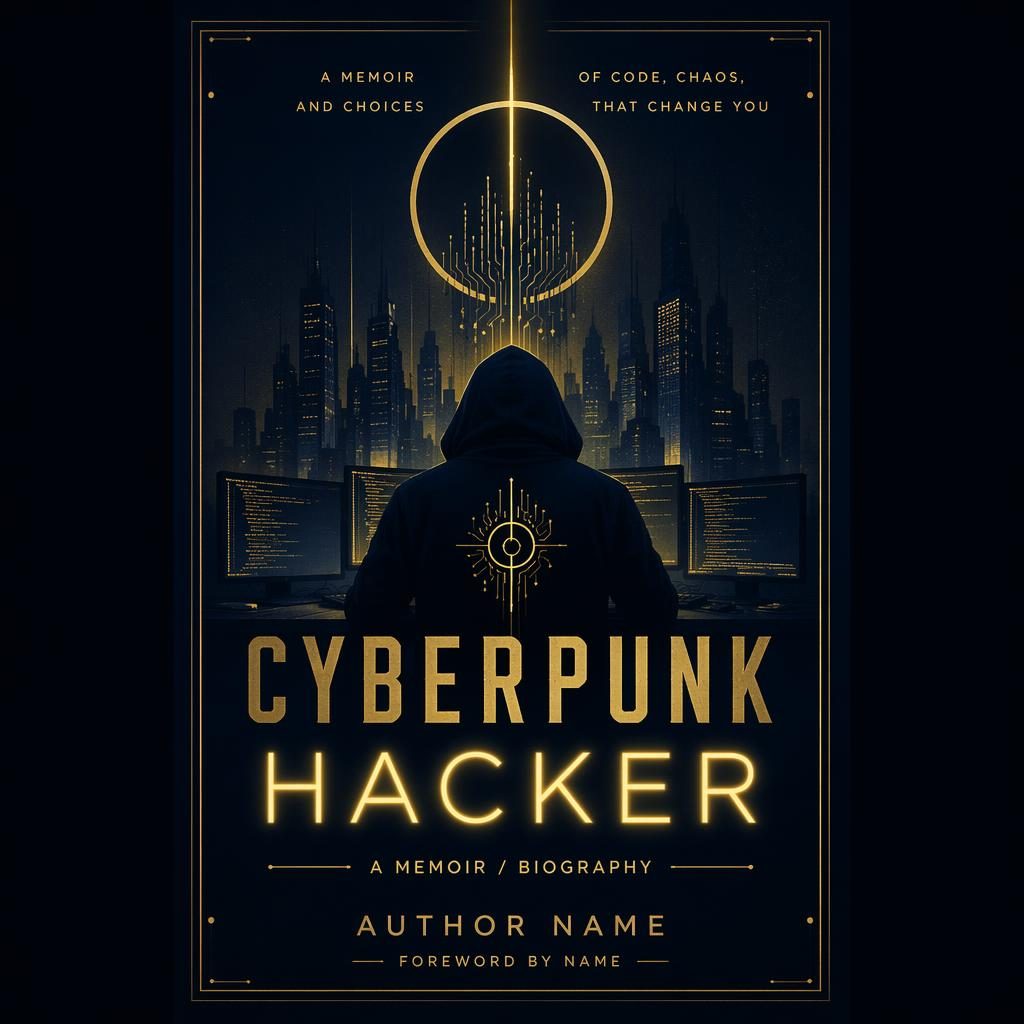 Minimalist cyberpunk memoir book cover in muted navy and gold with symbolic neon hacker motif and clean title text.