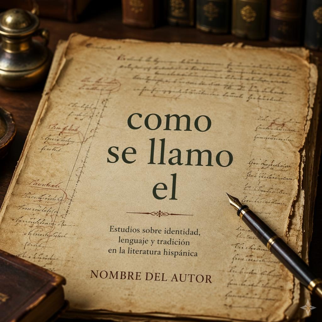 Portada vertical con manuscrito de pergamino antiguo sobre escritorio, pluma estilográfica y título como se llamo el