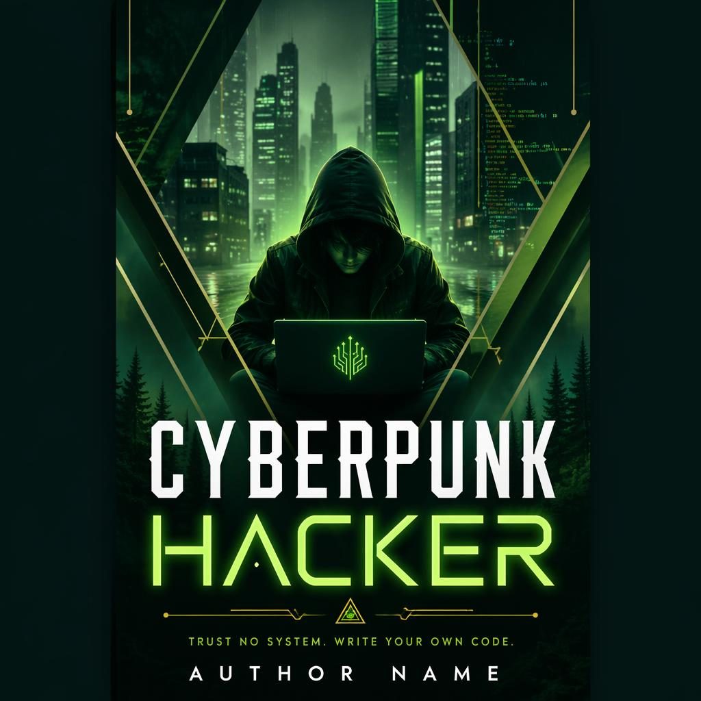 5:8 portrait YA book cover with bold geometric cyberpunk hacker scene, neon accents, deep green forest palette, clean title text