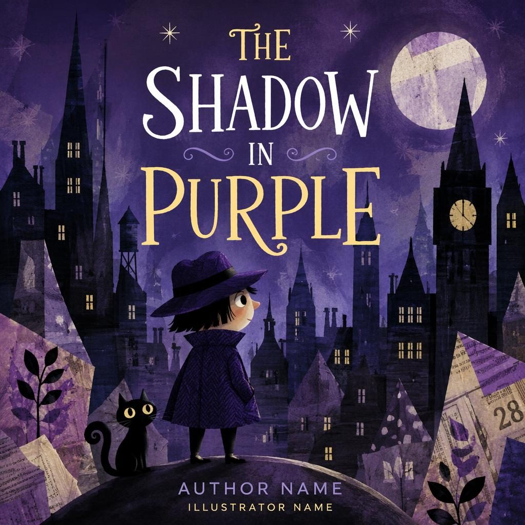 Children's picture book cover in collage style with a dark city silhouette, royal purple palette, and clean title placeholder.