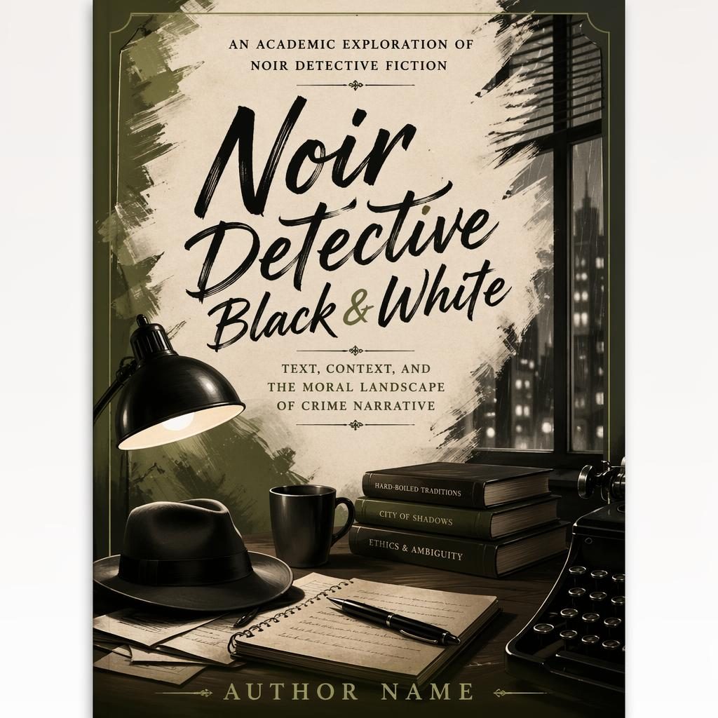Black-and-white noir detective style academic textbook cover with hand-lettered typography, sage and parchment accents, 5:8 portrait