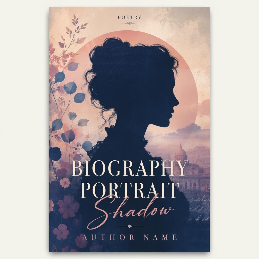 Print-ready poetry biography book cover with a shadowed portrait, pastel romantic palette, and clean title placeholder text.