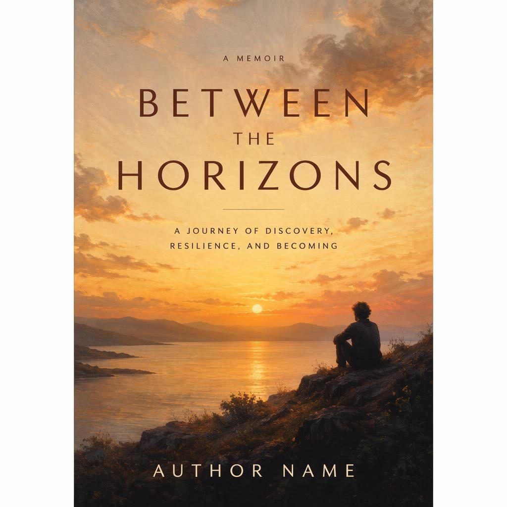 Minimalist memoir book cover with painterly sunset background, clean typography placeholders, and warm epic academic tone.