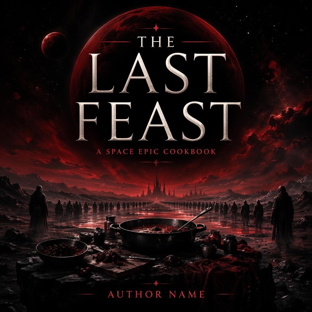 Dark illustrated book cover with red and black space imagery, mysterious sci-fi mood, and clean title placeholder text.