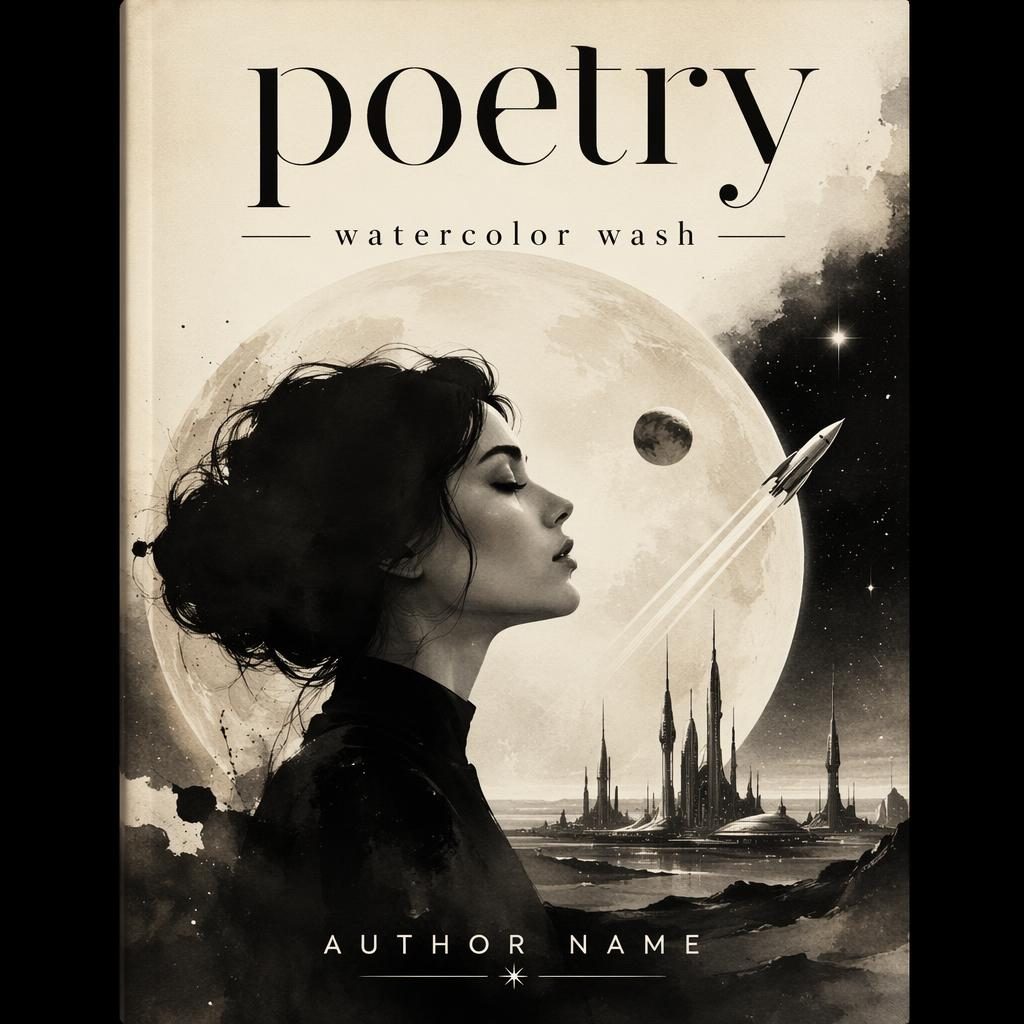Monochrome sci-fi poetry book cover with watercolor wash, vintage retro styling, soft romantic mood, and clean placeholder text.