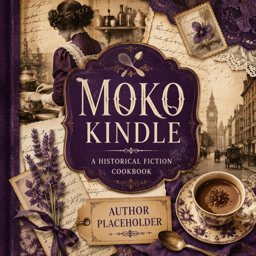 5:8 portrait book cover with sepia collage, royal purple accents, whimsical cookbook styling, and clean title placeholder text