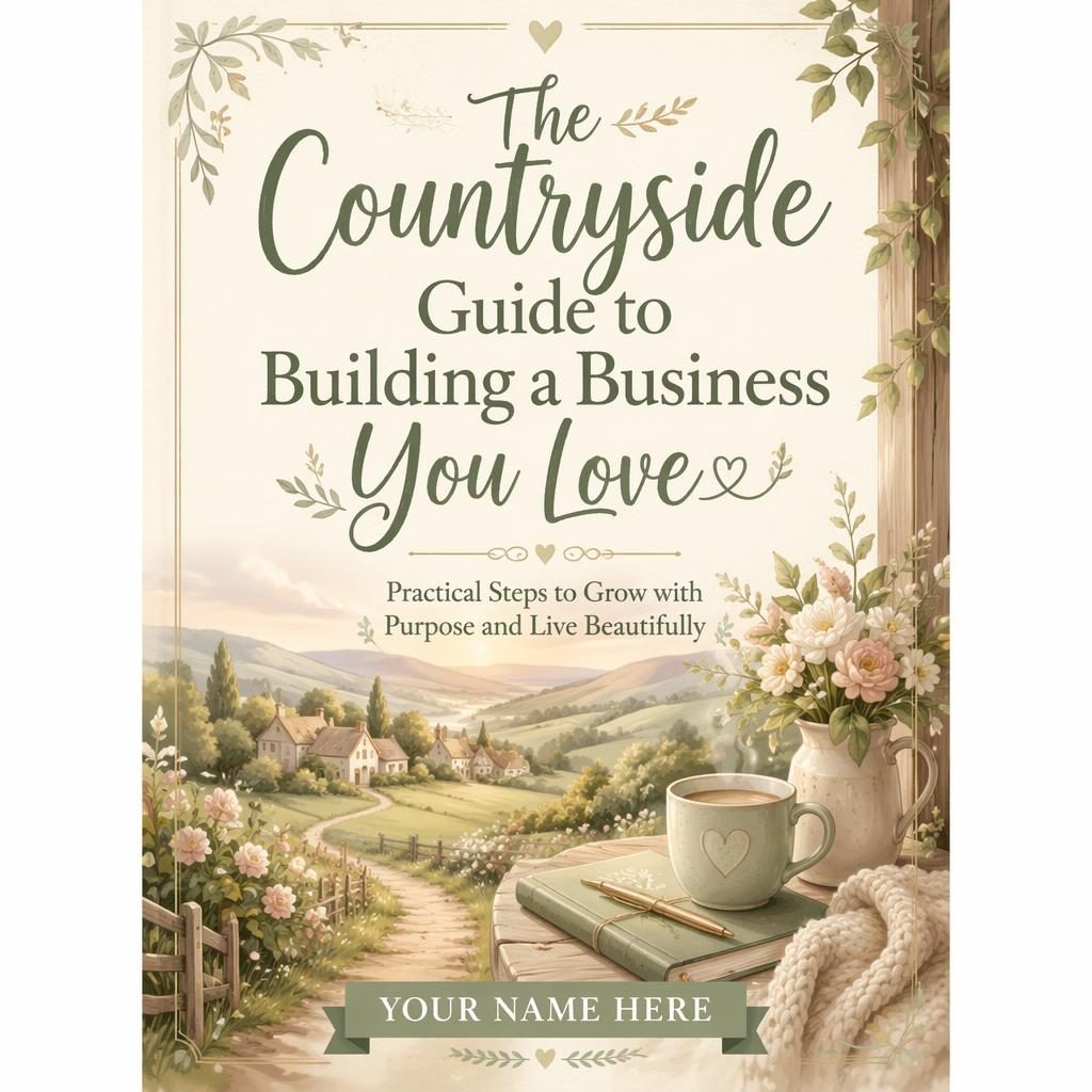 Pastel countryside business book cover with hand-lettered title, sage and parchment tones, cozy romantic mood, 5:8 portrait.