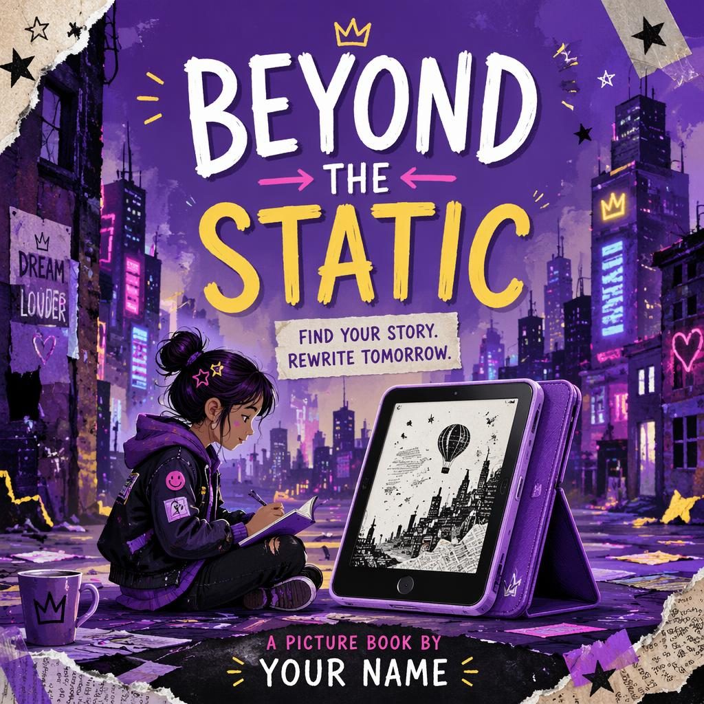 Portrait book cover with neon dystopian collage, royal purple tones, playful mixed media, and clean title text placeholders.
