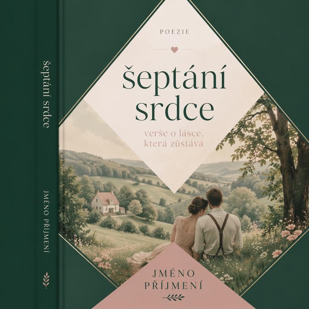 Pastelová obálka knihy pro romantickou poezii, venkovská krajina, hluboká lesní zeleň a čistá geometrická typografie.