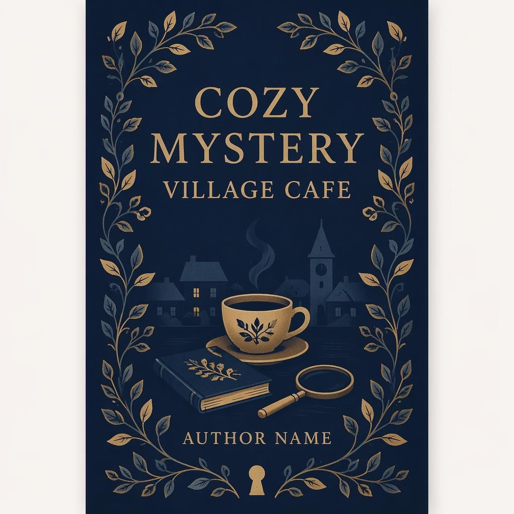 Minimalist navy and gold book cover with symbolic village cafe motif, sharp title and author placeholders, 5:8 portrait.