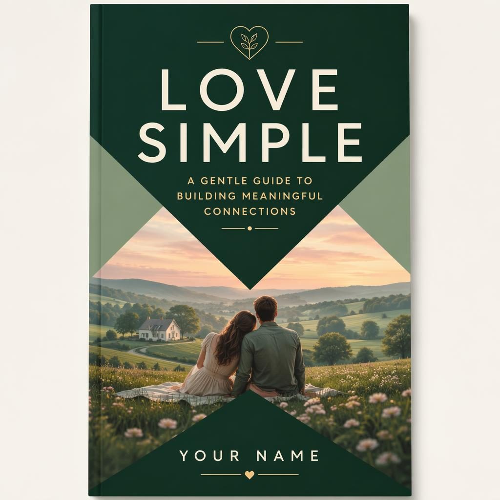 AI book cover in 5:8 portrait with pastel countryside scene, deep green geometric design, and clean title-author placeholders