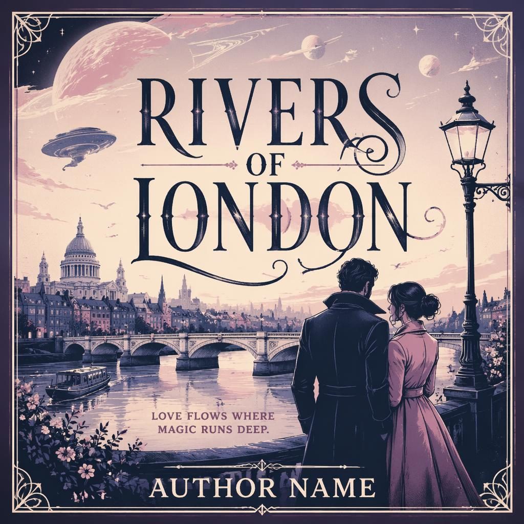 Vintage retro sci-fi romance book cover with a pastel countryside scene, monochrome contrast, and clean title placeholder text.