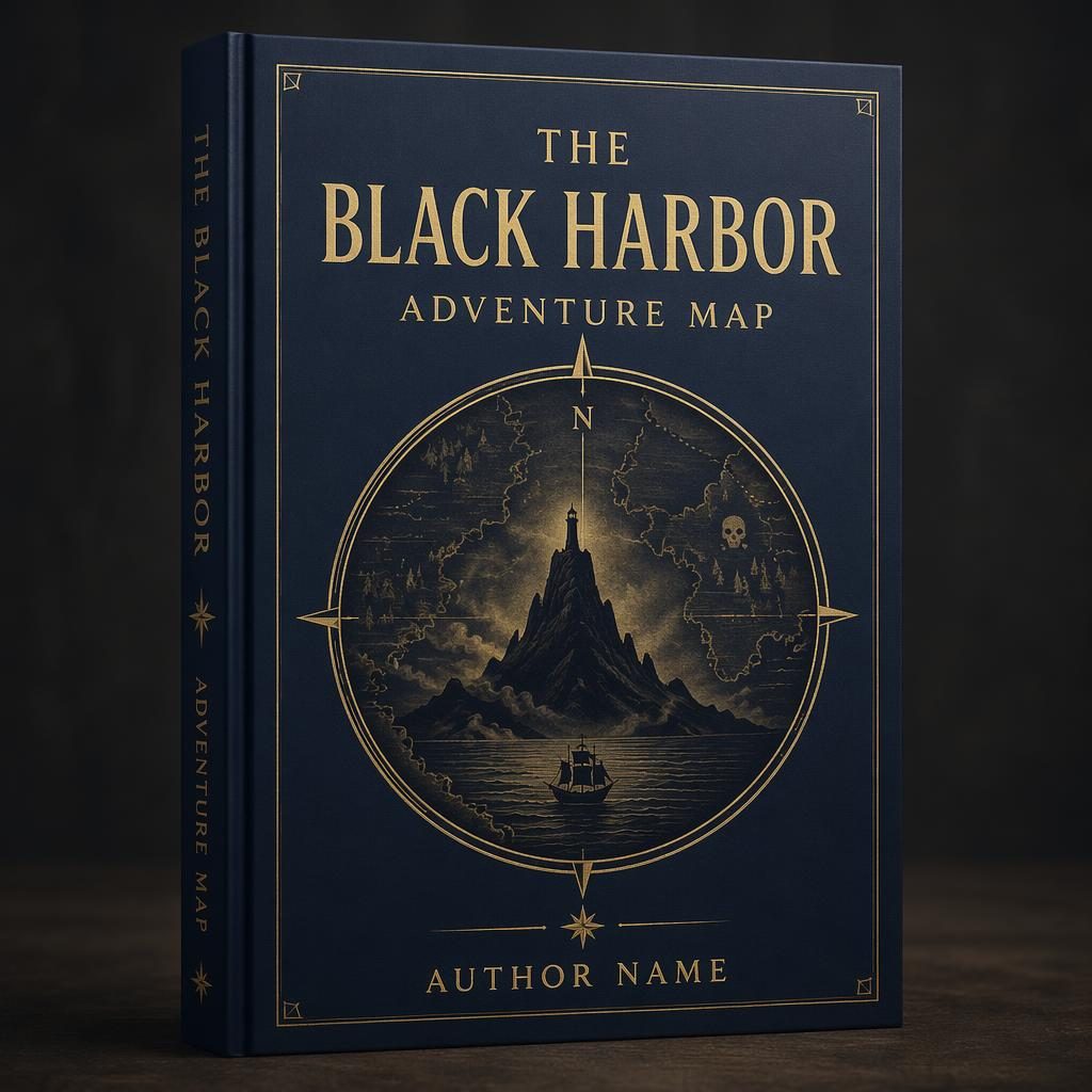 Minimalist hardcover mockup book cover with symbolic adventure map design in muted navy and gold, title and author placeholders.