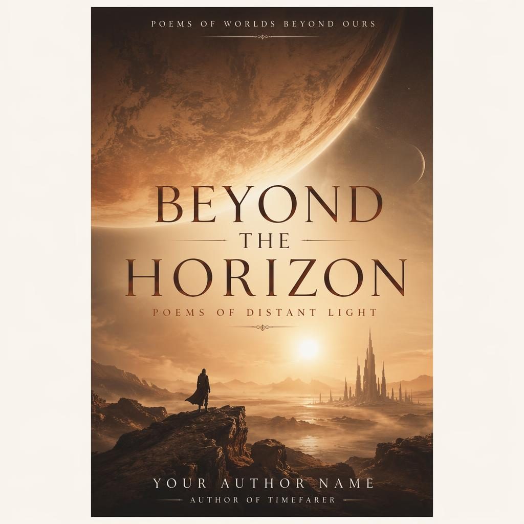 Photographic sci-fi poetry book cover with warm cream and rust space scene, atmospheric mood, and clean title overlay.