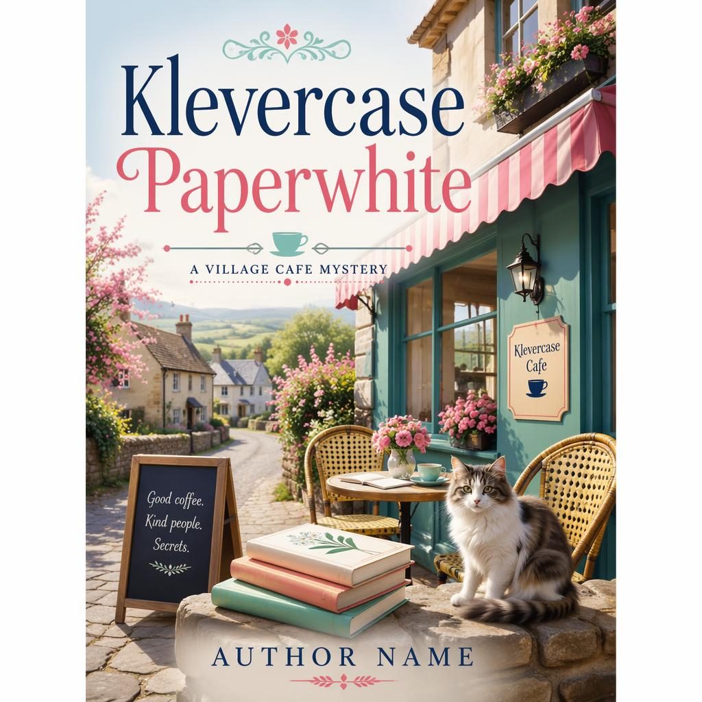 Print-ready 5:8 book cover showing a pastel village cafe scene with clean title and author placeholder typography.