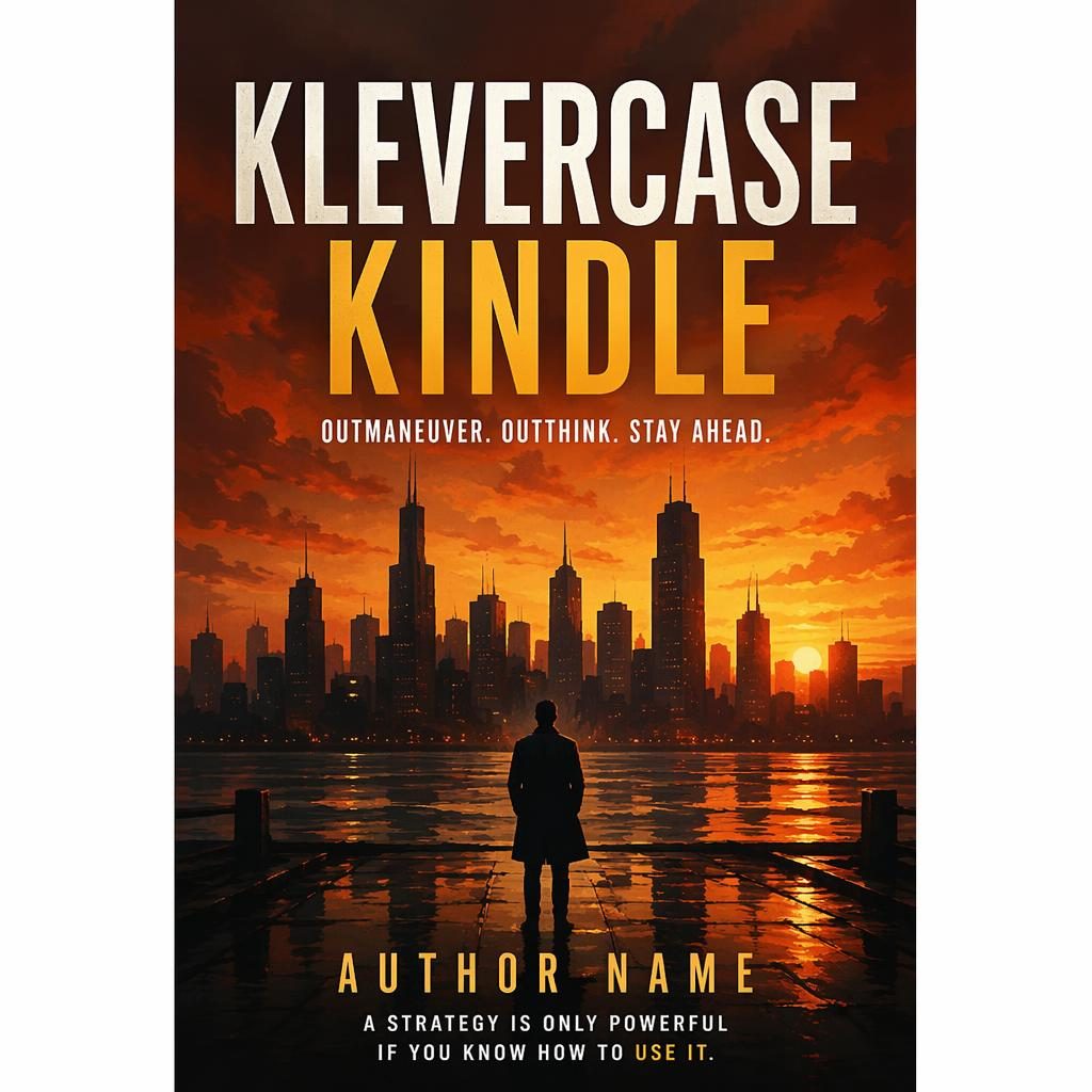 Painterly book cover with a dark city silhouette at sunset, warm tones, and sharp title and author placeholder text.