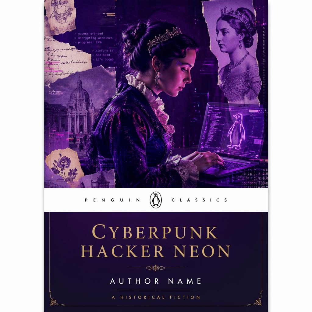 Historical fiction book cover with neon cyberpunk hacker collage, royal purple palette, whimsical typography placeholders