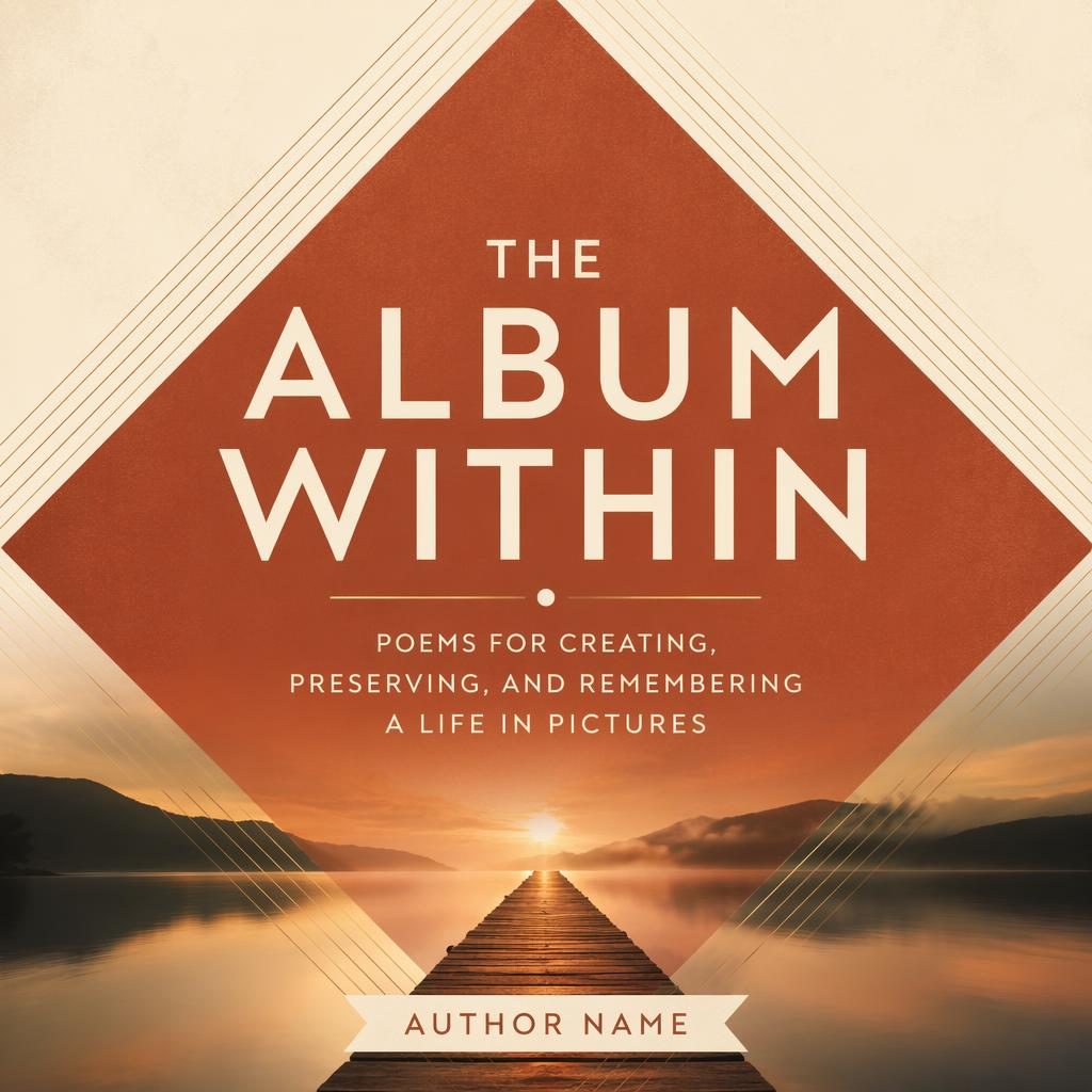 Photographic poetry book cover with bold geometric shapes, warm cream and rust tones, and clean title placeholder text.