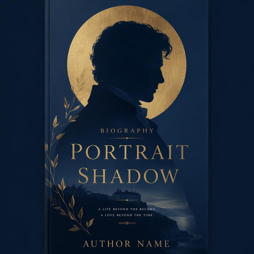 Minimalist 5:8 book cover with a shadowed portrait silhouette in muted navy and gold, with clean title and author text.
