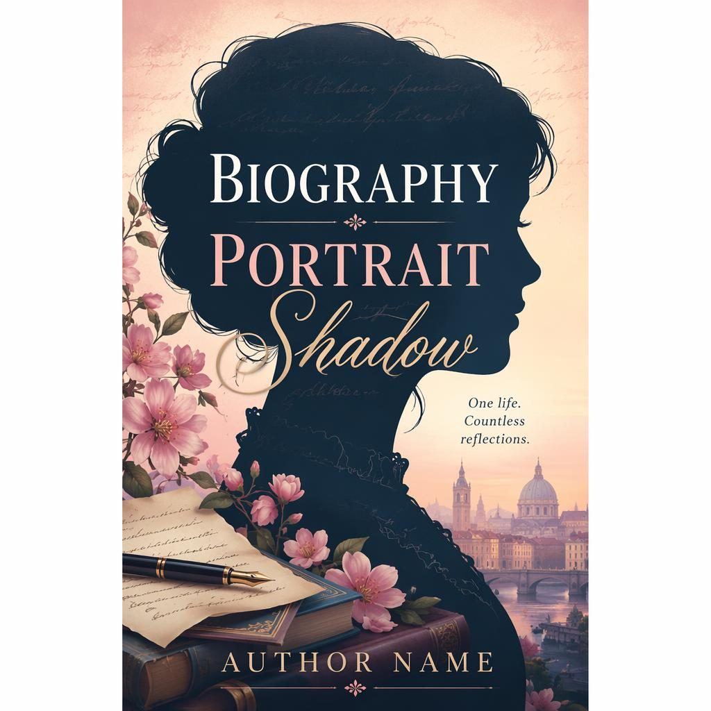 Print-ready YA biography book cover with a portrait in shadow, pastel romantic palette, and clean title placeholder text