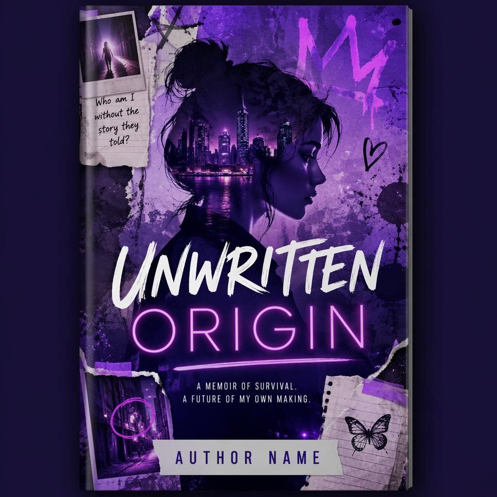 YA dystopian neon book cover with collage elements, royal purple palette, whimsical thriller mood, and clean placeholder text