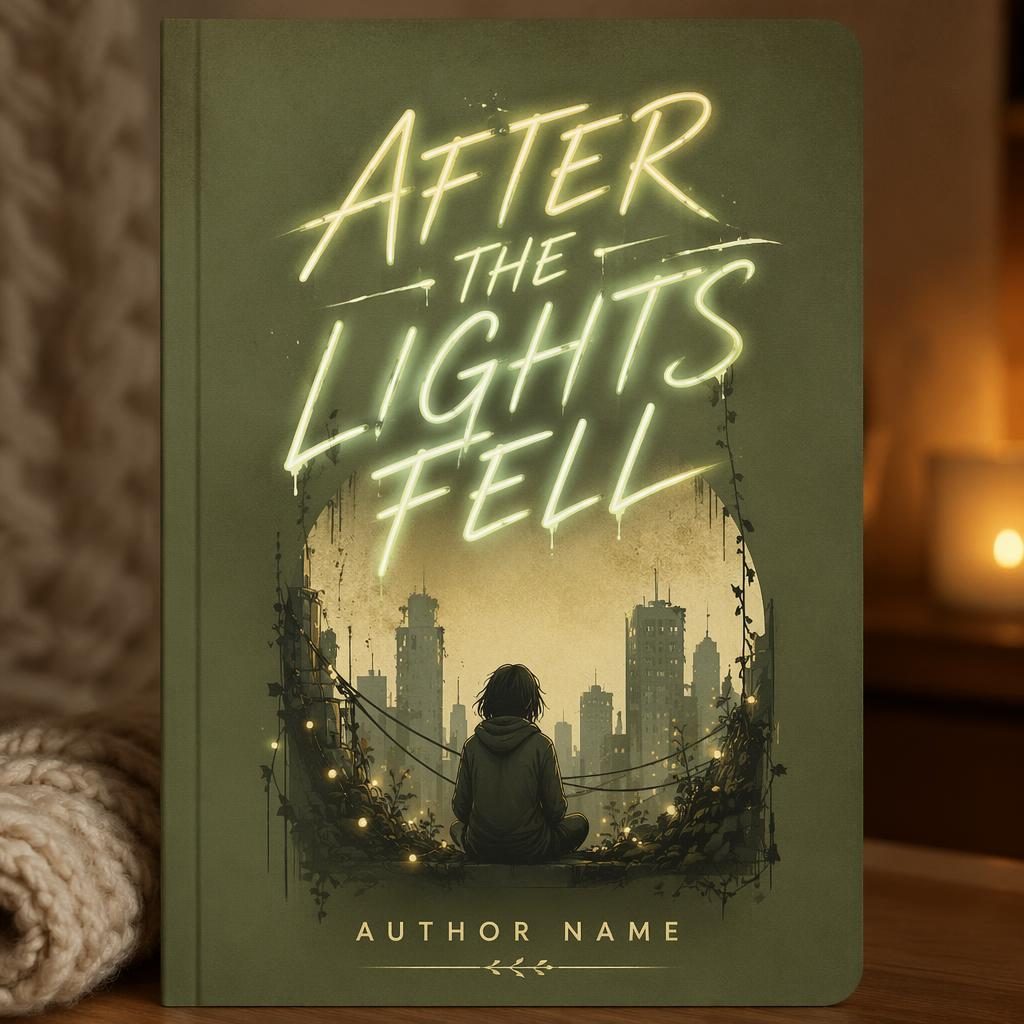 5:8 portrait YA dystopian neon book cover with hand-lettered title, sage and parchment tones, warm cozy horror mood