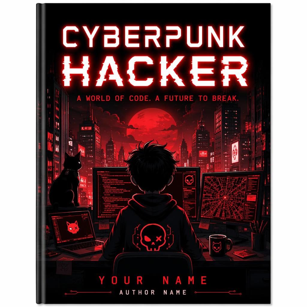 Illustrated children's picture book cover with a cyberpunk hacker in neon red and black, full-bleed portrait layout.