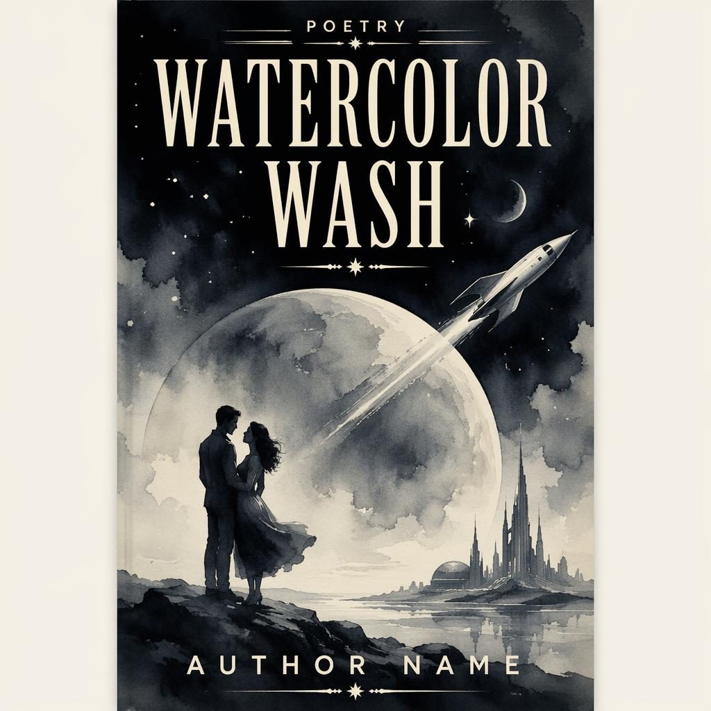 Sci-fi poetry book cover with watercolor wash, vintage retro styling, soft romantic mood, and monochrome portrait layout